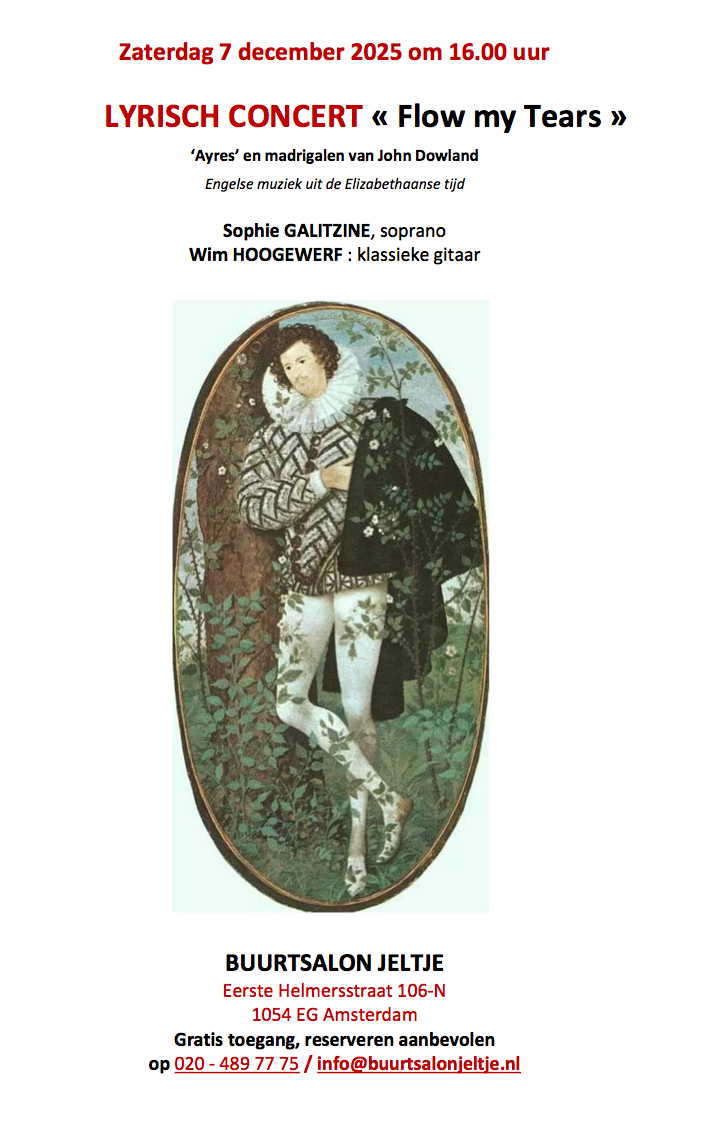 Affiche. Buurtsalon Jeltje, Amsterdam. Engelse muziek uit de Elizabethaanse tijd door Sophie Galitzine, soprano en Wim Hoogewerf, klassieke gitaar. 2025-12-07